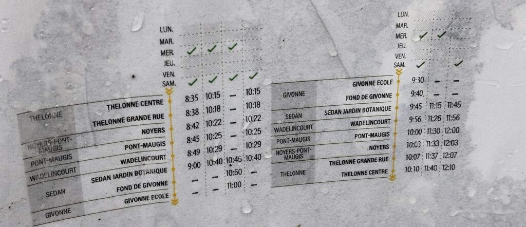 Du nouveau sur la commune depuis le 1er Janvier 2025 et ce jusqu'au 13 Juillet 2025, vous pouvez utiliser le transport depuis noyers ou pont maugis pour vous rendre au marché de Sedan les mercredis et samedis.

Voici les horaires qui peuvent être modifiables selon la fréquentation.
Pour plus de renseignements vous povez contacter la TAC de Sedan.